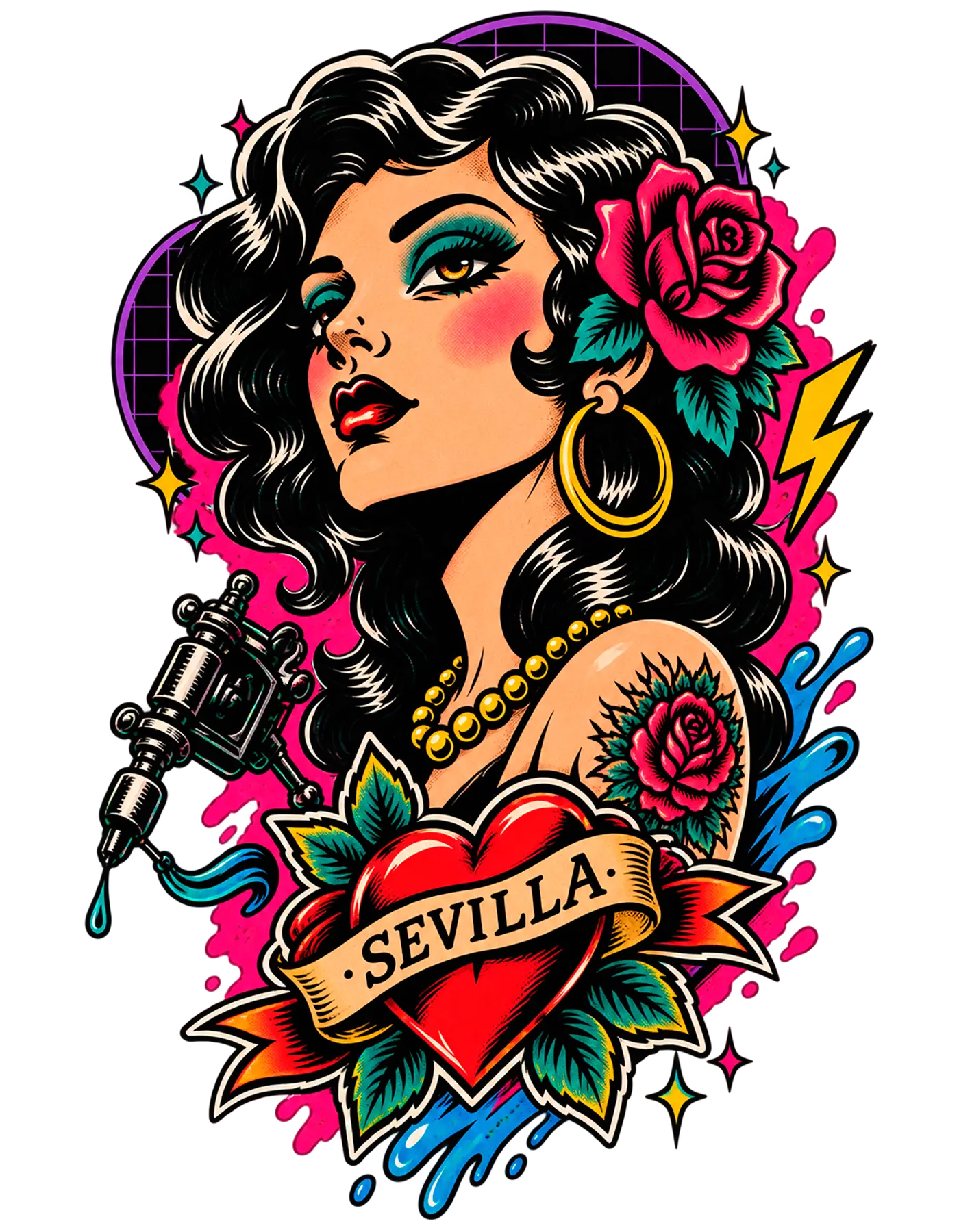 Ilustración de chica pin-up con rosa, máquina de tatuar y corazón con banderola de Sevilla